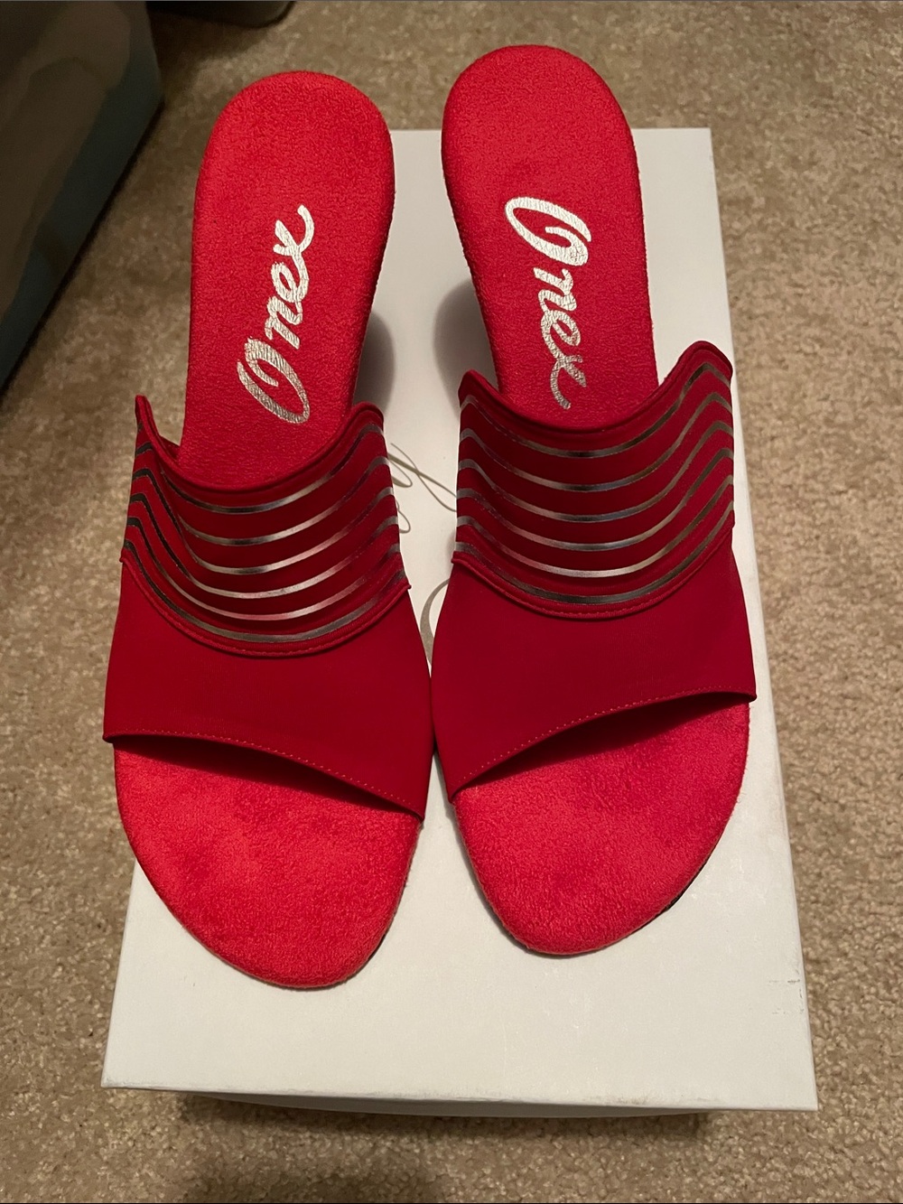 Onex Red Slide Mules with Wavy Metallic Straps